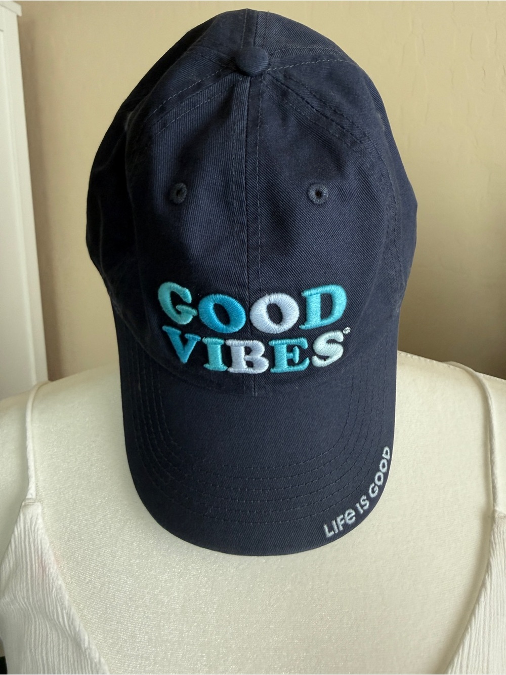 Life Is Good Navy 'Good Vibes' Embroidered Cap with Teal Light Blue Accents